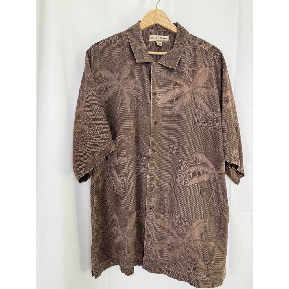 Tommy Bahama Men’s 100% Silk Hawaiian Shirt Brown Palm Tree Pattern Size Large